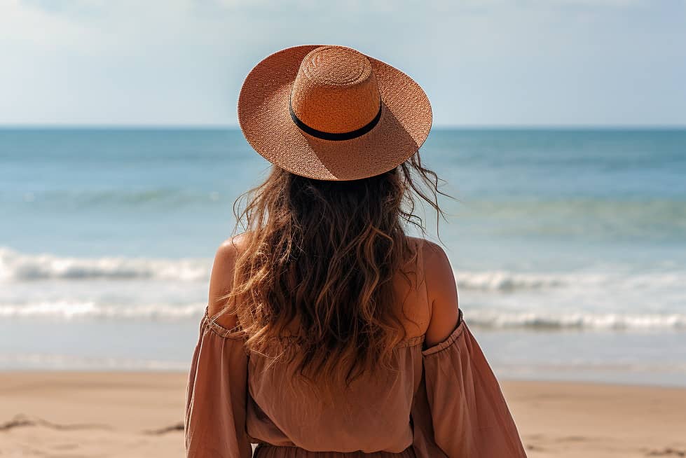 Une femme portant un chapeau sur la plage.